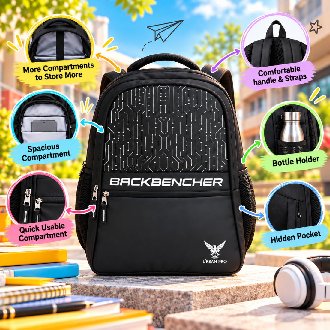 Urban Pro Backbencher Black Bag – 28L Laptop Backpack for College, Office & Travel